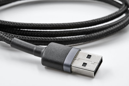Black USB data and power cable on white background. Closeup