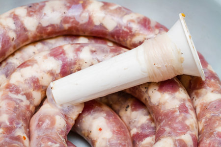 Raw handmade sausages. Selective focus, closeup.