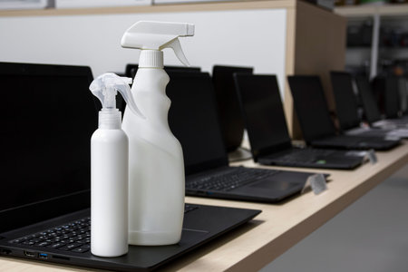 Disinfectant bottles against the background of the interior of a computer store. Protection from...