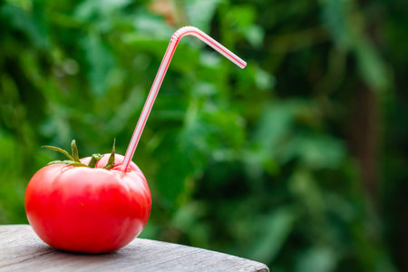 Ripe red tomato with straw on wooden surface on green background. Fresh juice healthy food concept. Tomato as a vessel with fresh juice. Closeup, selective focusの写真素材