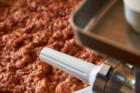 Attachment for a meat grinder for production homemade sausage on the background of minced meat....