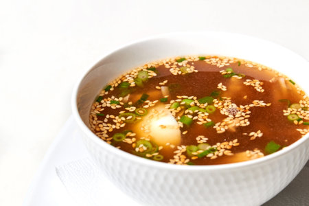 Udon noodle soup, with chicken fillet slices, egg, garnished with green onionsの写真素材