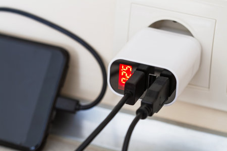 The charger is plugged in. Smartphone is charging from socket charger for three USB ports output with voltage indicator. Closeup, selective focus.の写真素材