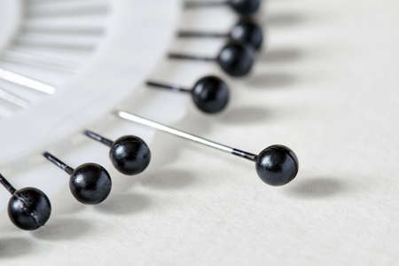White needle bed with black pins over white background. Set of sewing pins with black heads. Closeup, selective focusの写真素材