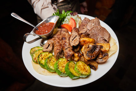 Beef lula kebab and shish kebab with grilled vegetables. Close-up, selective focus