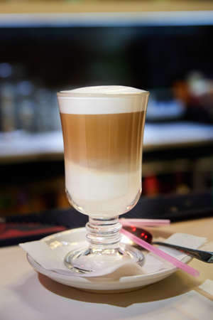 Glass of hot Latte coffee. Close-up, selective focusの写真素材