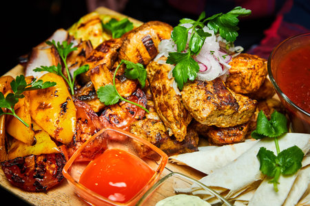 Shish kebab with grilled vegetables, lavash and sauces. Close-up, selective focus