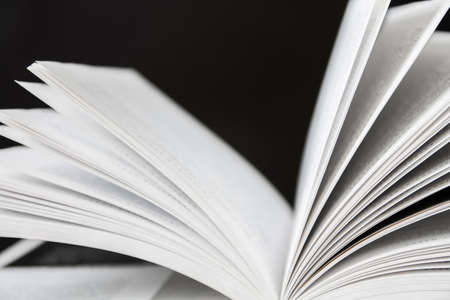 Closeup of opened book's pages on the dark background. Closeup, selective focusの写真素材