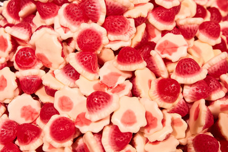 Multicolored strawberry-shaped gummy candies with cream. Close-up, selective focus
