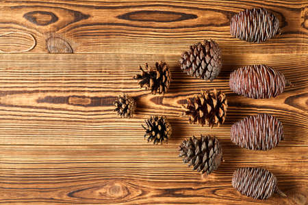 Fir cones on brown wooden background with copy spaceの写真素材