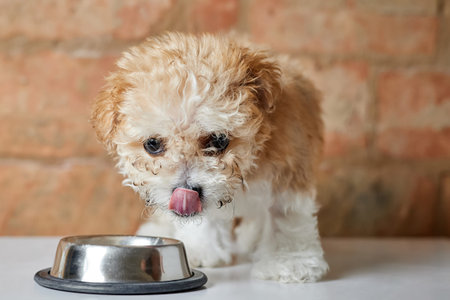 Maltipoo puppy eats from a metal bowl on a brick wall background. Close-up, selective focus