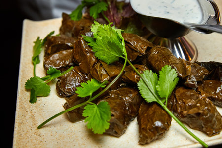Dolma with spicy sour cream sauce. Close up, selective focus