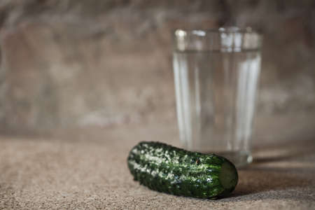 Glass of homemade moonshine and pickled cucumber on the brick wall background. Closeup, selective focus, tonedの写真素材
