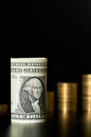 Rolled one dollar bill on the background of stacks of coinsの写真素材