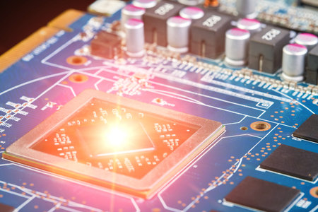 Close-up of a computer chip on a part of electronic printed circuit board