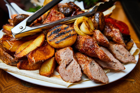 Shish kebab with grilled vegetables, lavash and sauces. Close up, selective focusの写真素材