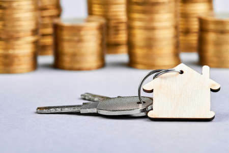 Trinket in the form of a wooden house with the keys to the apartment on the background of stacks of coinsの写真素材