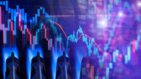 Natural gas cost growth concept with gas burners and stock charts