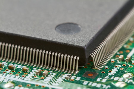Close-up of computer chip on a part of electronic printed circuit board