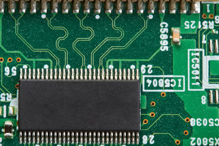 Close-up of computer chip on a part of electronic printed circuit board