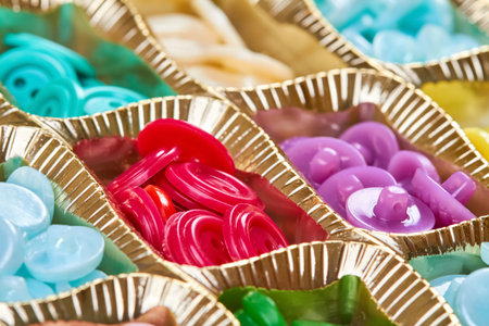 Close-up of a box with a set of multi-colored buttons in plastic cells