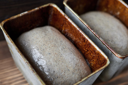 Raw homemade yeast-free bread in a baking dishの写真素材