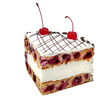 A piece of Cake Monastic hut based on unleavened cakes with natural cherries and sour cream isolated on whiteの写真素材