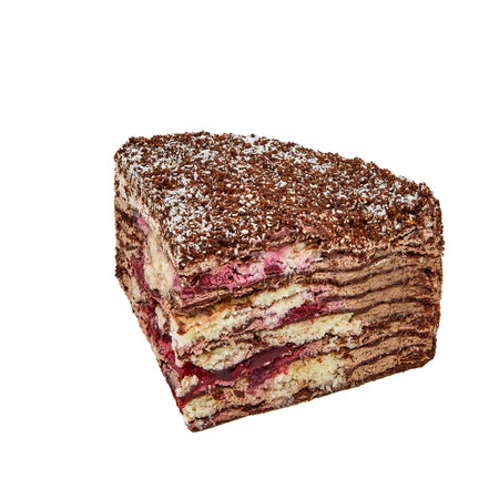 A piece of Cake Napoleon chocolate with crispy puff layers, custard, cherry confit and coconut ganache isolated on whiteの写真素材