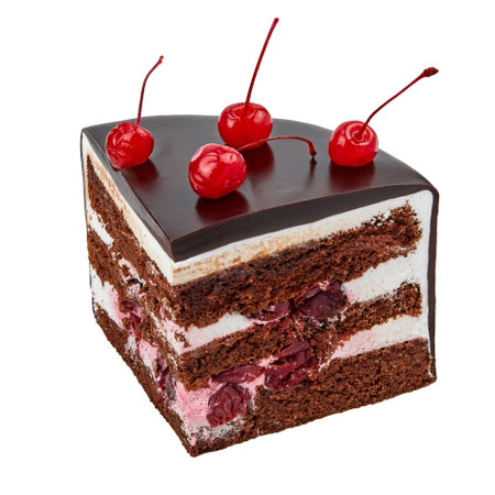 A piece of Drunk cherry cake based on chocolate biscuit, cream, alcoholized cherries and cognac isolated on whiteの写真素材
