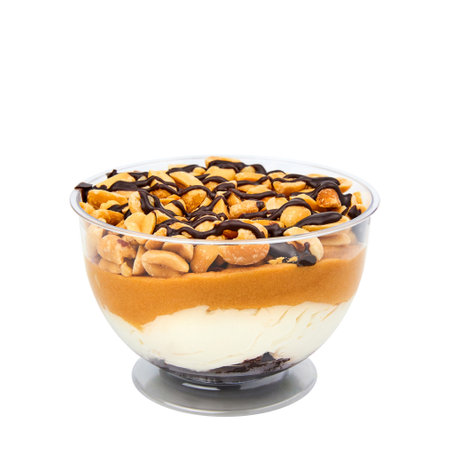 Dessert based on moist chocolate sponge cake, cream cheese, salted caramel and peanuts isolated on whiteの写真素材