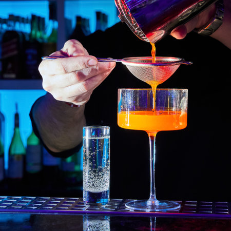 The bartender prepares a cocktail Is Love on the bar counter using a shaker and a strainerの写真素材