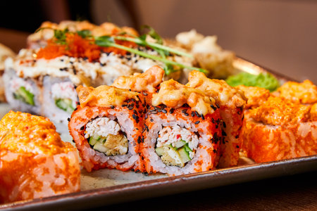 Set of sushi rolls in a cafeの写真素材