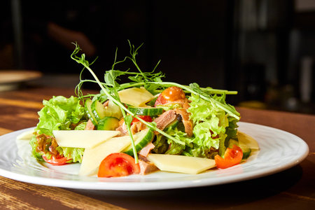 Salad with beef tongue, cheese, tomatoes, lettuce and cucumbersの写真素材
