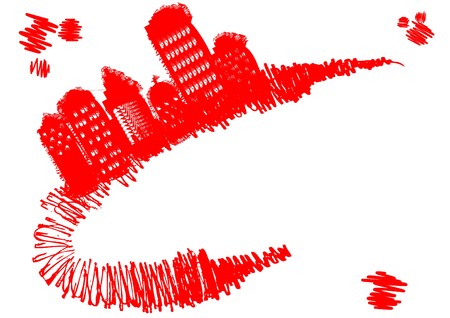 Grunge town stands on red grunge curve,  illustrationのイラスト素材