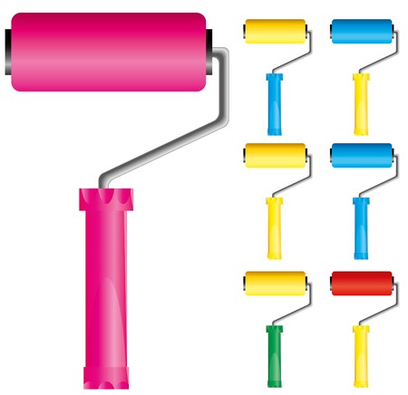 Set of paint roller brushes with variations of colors: pink, blue, yellow and redのイラスト素材