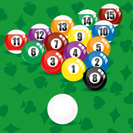 Billiard soccer and pool balls on green background, vector illustration