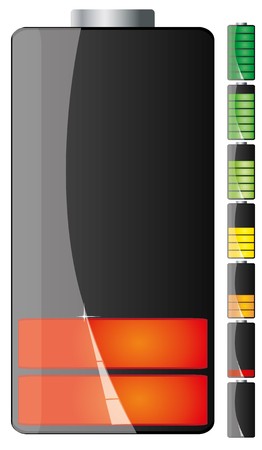 Set of Black battery charge showing stages of power running low and full, illustration Set of Black battery charge showing stages of power running low and full, illustration