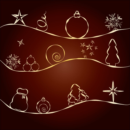 Brown Christmas Card with golden pattern with stars, fir trees, balls and baubles, greetings card for December Holidays, vector illustrationのイラスト素材