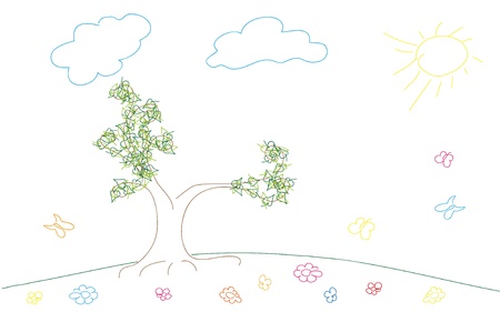 Sketch spring or summer background with meadow, flowers and butterflyのイラスト素材