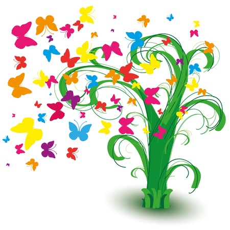 Spring ree with butterflies and curls, vector illustrationのイラスト素材