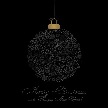 Black Christmas Card with Black Christmas Ball made from  Press out Black Snowflakes on Black Backgroundのイラスト素材