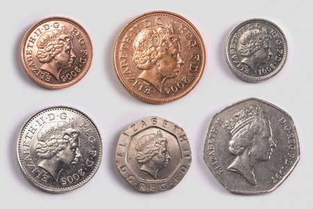 British coins: one pence coin, two pence coin, five pence coin, ten pence coin, twenty pence coin, fifty pence coinの写真素材