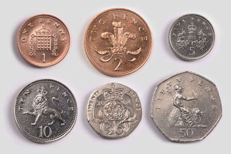 British coins: one pence coin, two pence coin; five pence coin; ten pence coin; twenty pence coin; fifty pence coinの写真素材