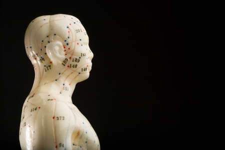 Side view of acupuncturists doll isolated on black with copy spaceの写真素材