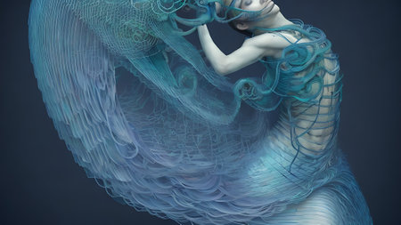 3d rendering of a beautiful mermaid with blue hair and blue dressの素材