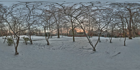 Sunset in the city park in winter. 3D rendering.の写真素材
