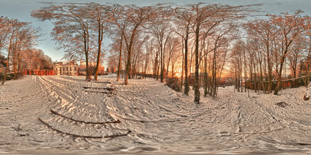 Panoramic view of a winter landscape with snow covered trees.の写真素材