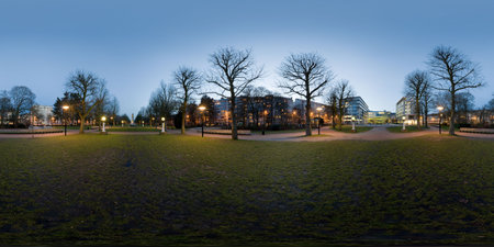 Panorama of a park at night in the city of Ghent.の写真素材