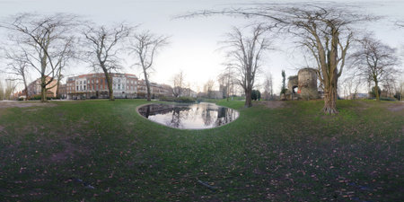 Panoramic view of the medieval building and a poolの写真素材