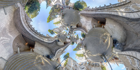 Panoramic view of a train bridge with a passageway tunnel. Mathematical warp.の写真素材